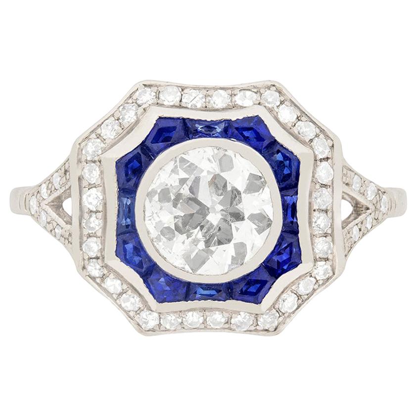 Art Deco 1.12 Carat Diamond and Sapphire Ring, circa 1930s