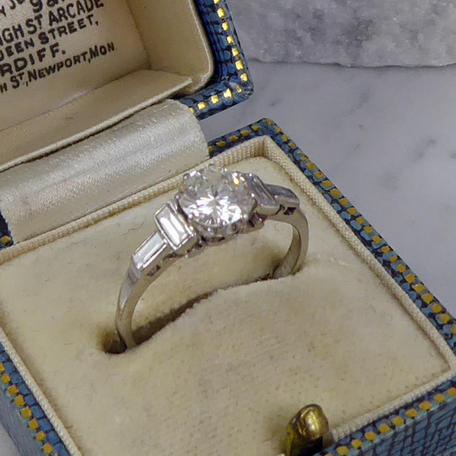 Art Deco 1.13 Carat Solitaire Engagement Ring, Diamond Shoulders, White Gold 2