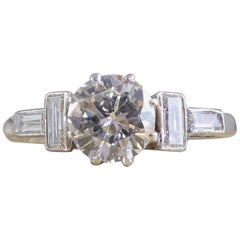Art Deco 1.13 Carat Solitaire Engagement Ring, Diamond Shoulders, White Gold
