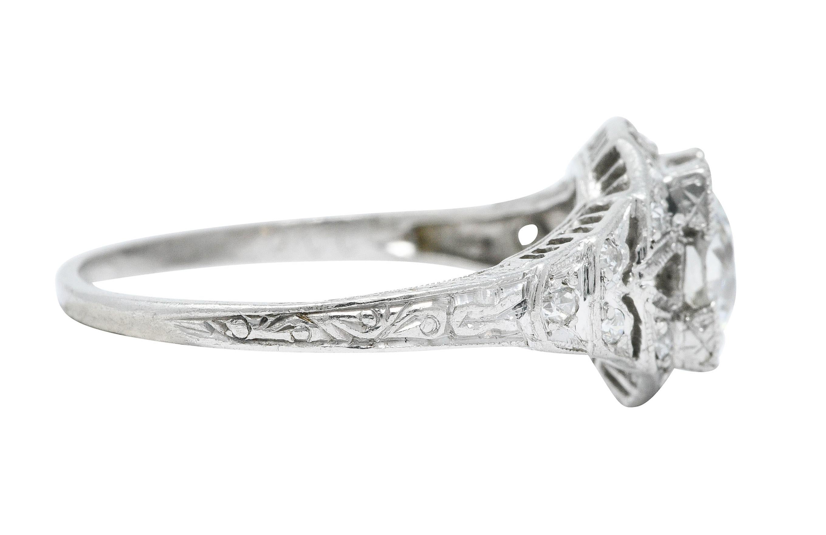 Old European Cut Art Deco 1.13 Carats Diamond Platinum Foliate Engagement Ring