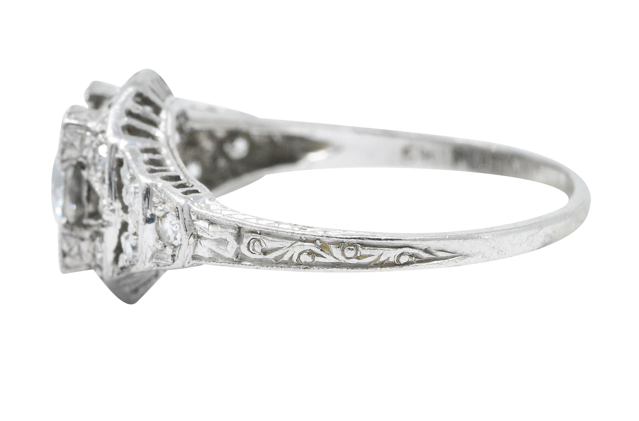 Women's or Men's Art Deco 1.13 Carats Diamond Platinum Foliate Engagement Ring