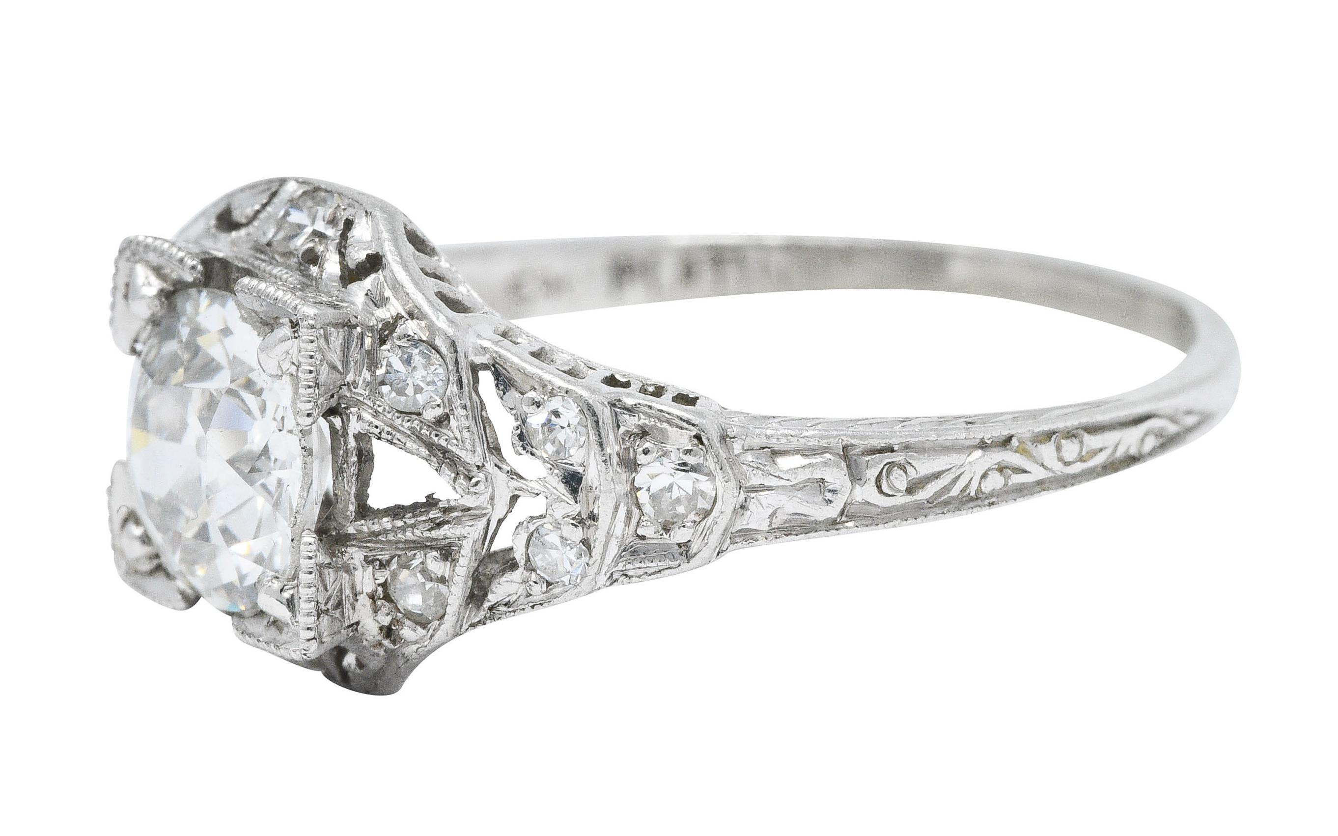 Art Deco 1.13 Carats Diamond Platinum Foliate Engagement Ring 1
