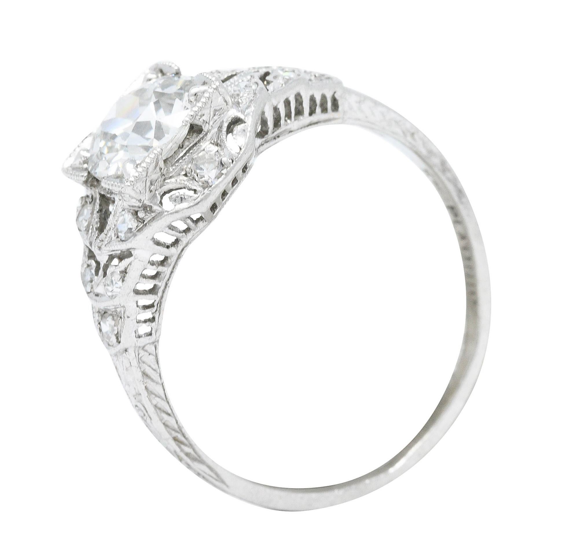 Art Deco 1.13 Carats Diamond Platinum Foliate Engagement Ring 4
