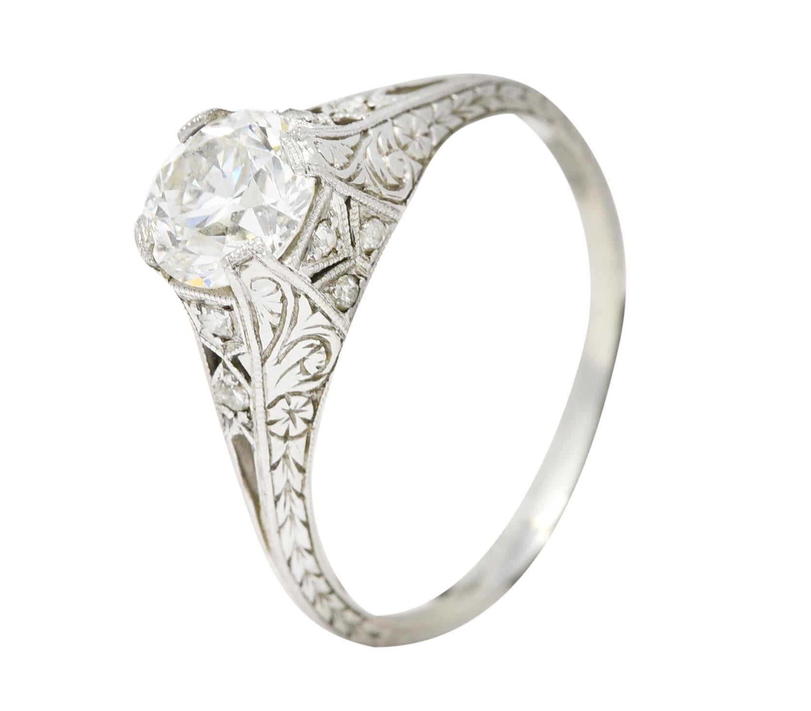Art Deco 1.13 Carats Old European Cut Diamond Platinum Orange Blossom Ring For Sale 1
