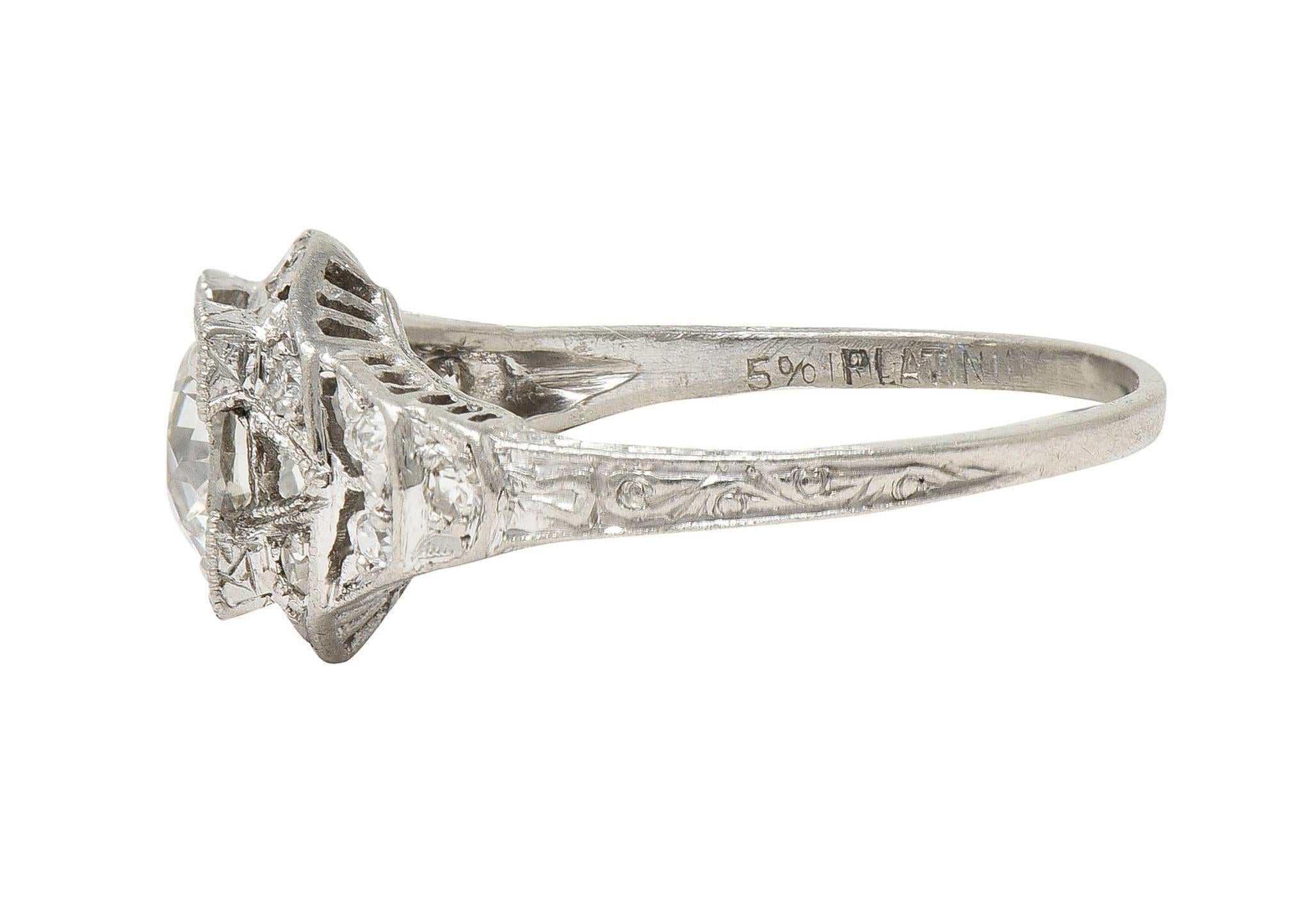 Platin-Verlobungsring mit 1.13 Karat Diamant im alteuropäischen Schliff im Art déco-Stil im Angebot 1