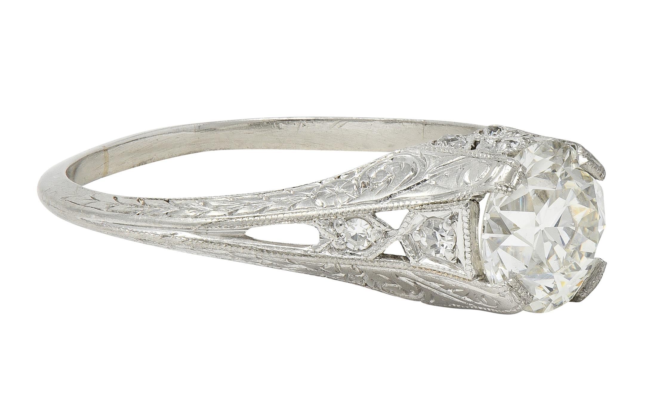 Taille vieille Europe Bague de fiançailles Art déco 1,13 CTW Old European Diamond Platinum Scrolling Wheat en vente