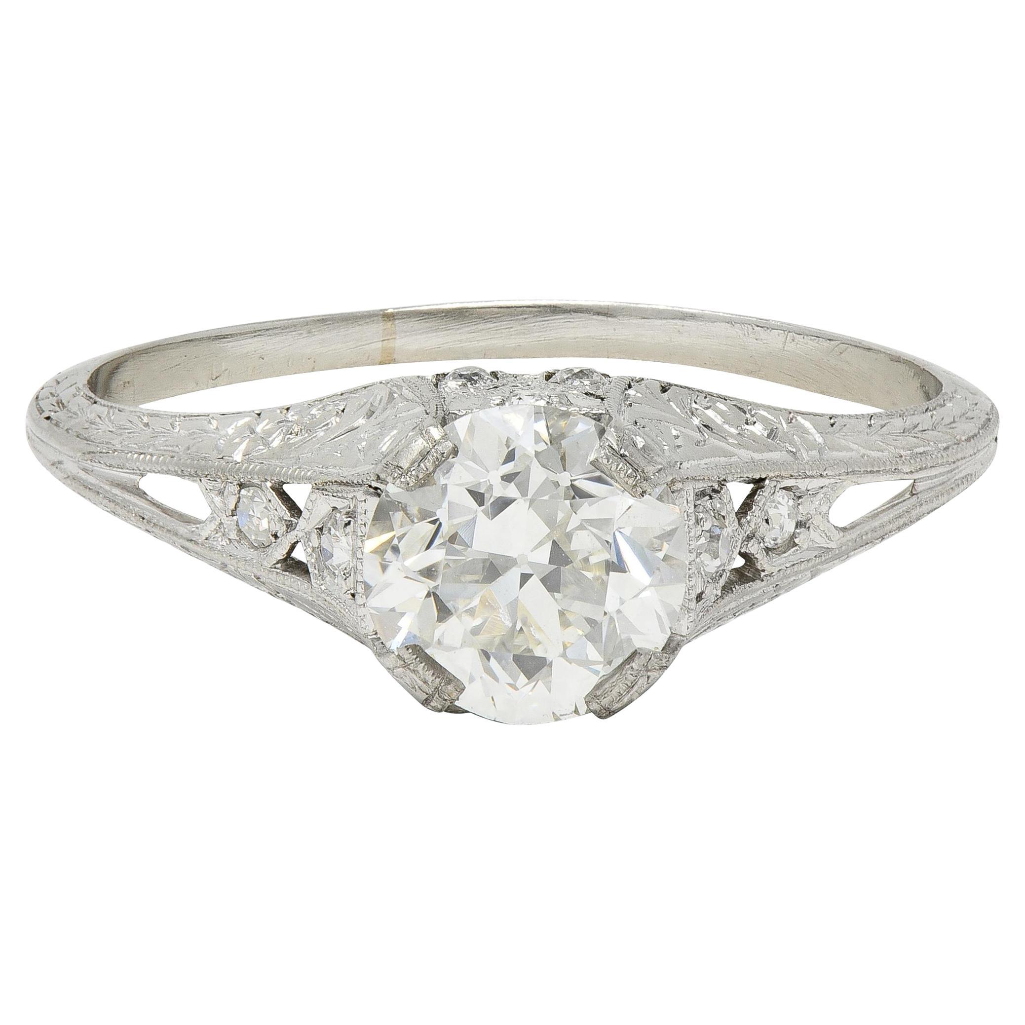 Bague de fiançailles Art déco 1,13 CTW Old European Diamond Platinum Scrolling Wheat
