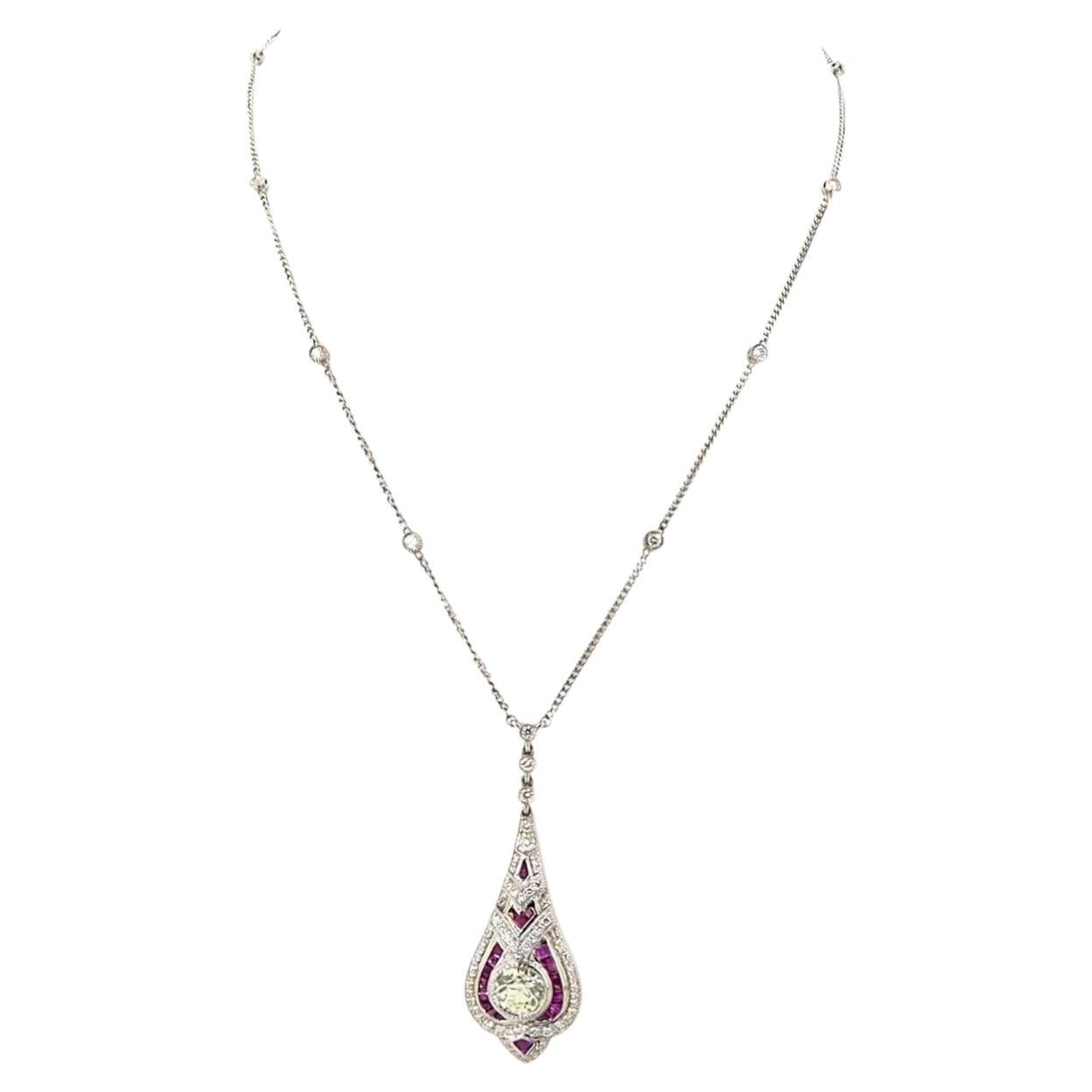 Art Deco 1.14 Carat Round Brilliant Cut Diamond Ruby Gold Chain Necklace