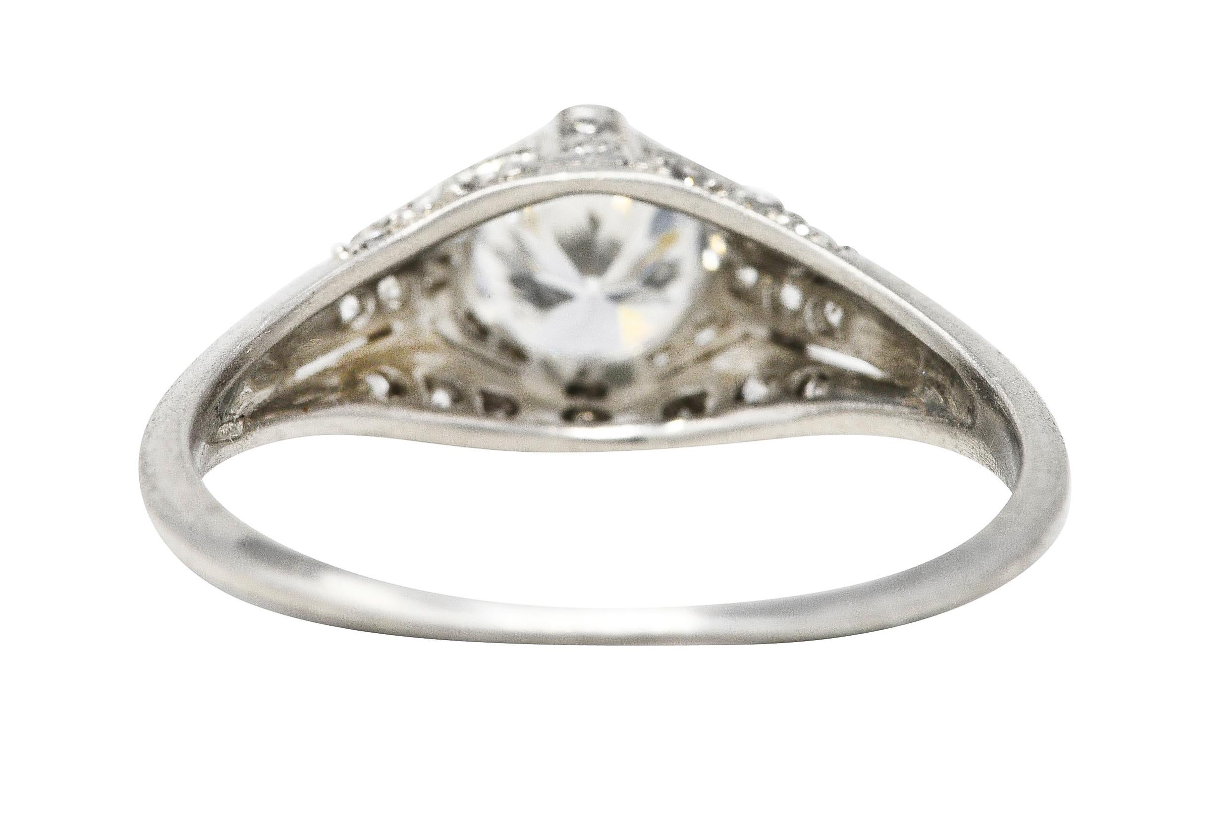 Art Deco 1.14 Carats Diamond Platinum Bombé Engagement Ring In Excellent Condition For Sale In Philadelphia, PA
