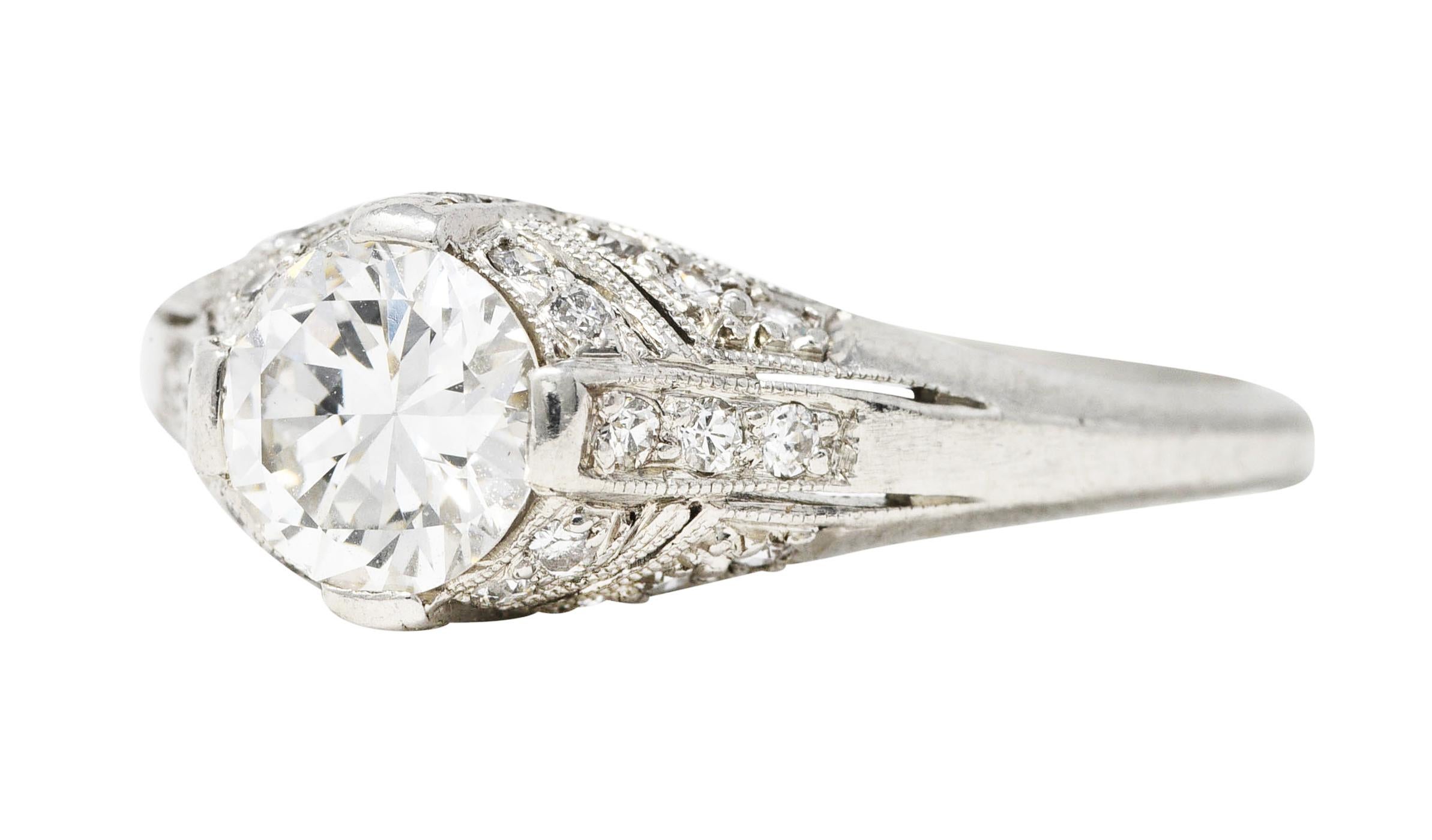 Art Deco 1.14 Carats Diamond Platinum Bombé Engagement Ring For Sale 1