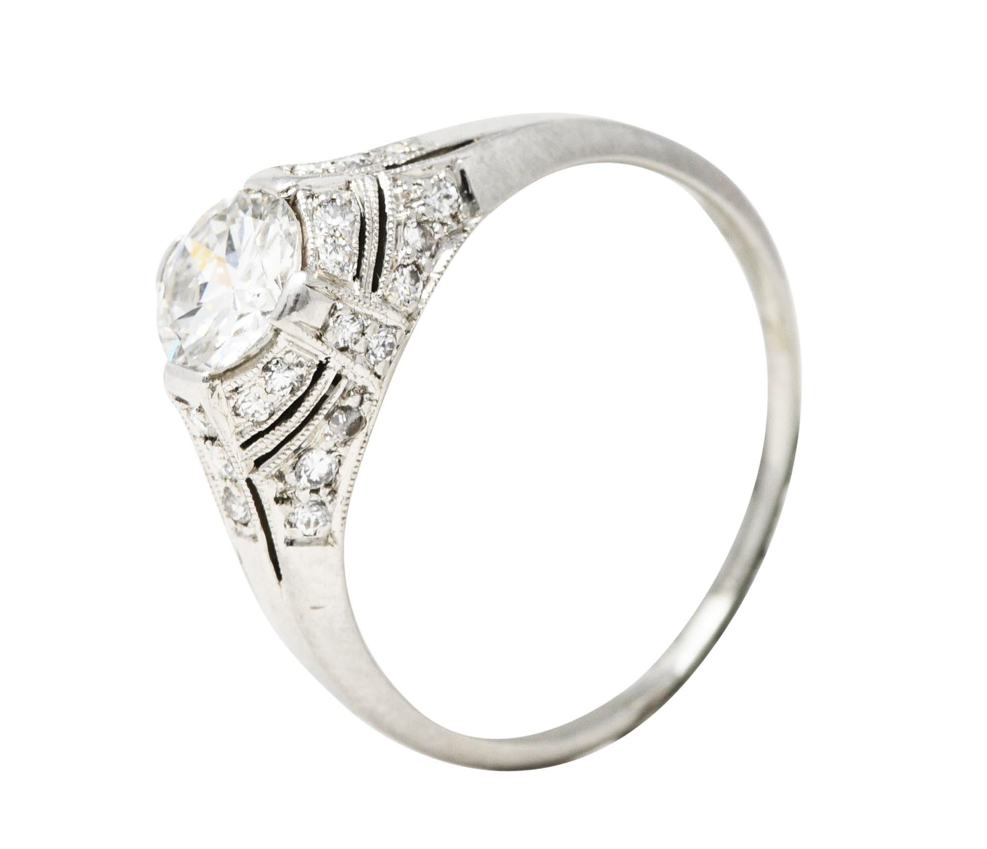 Art Deco 1.14 Carats Diamond Platinum Bombé Engagement Ring For Sale 3