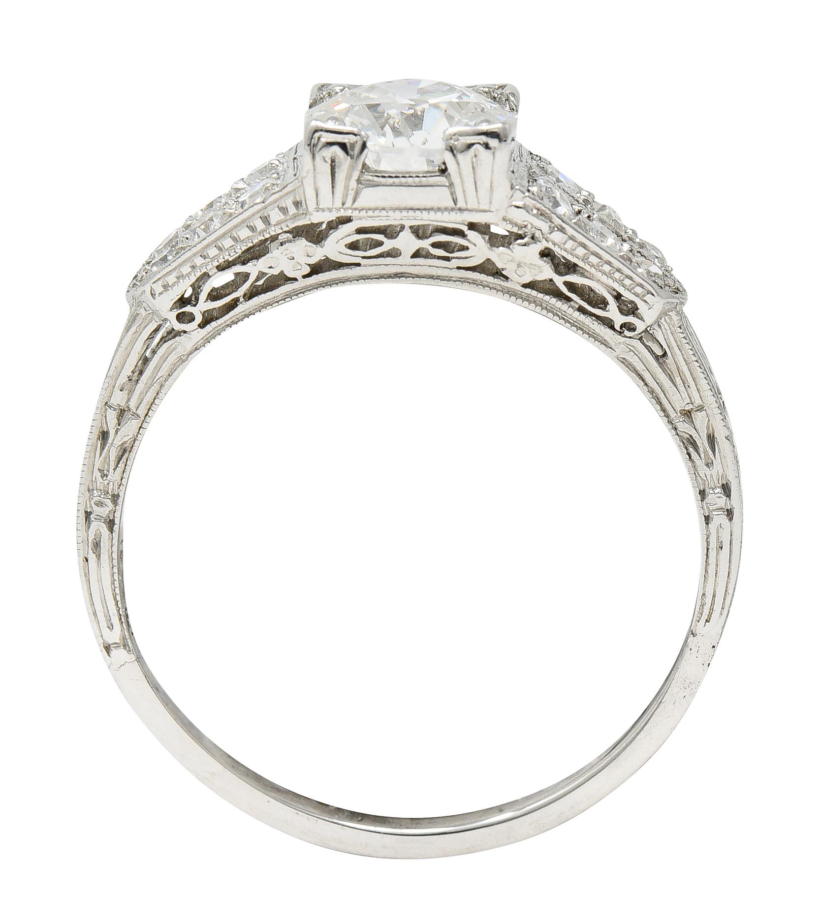 Art Deco 1.14 Carats Old European Diamond Platinum Foliate Engagement Ring GIA For Sale 5