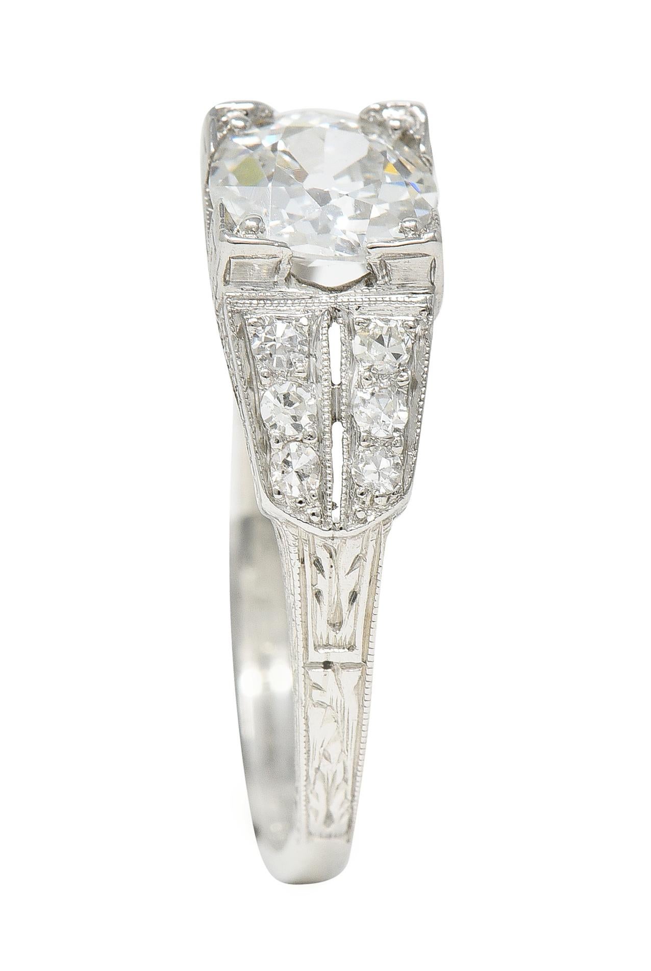 Art Deco 1.14 Carats Old European Diamond Platinum Foliate Engagement Ring GIA For Sale 6