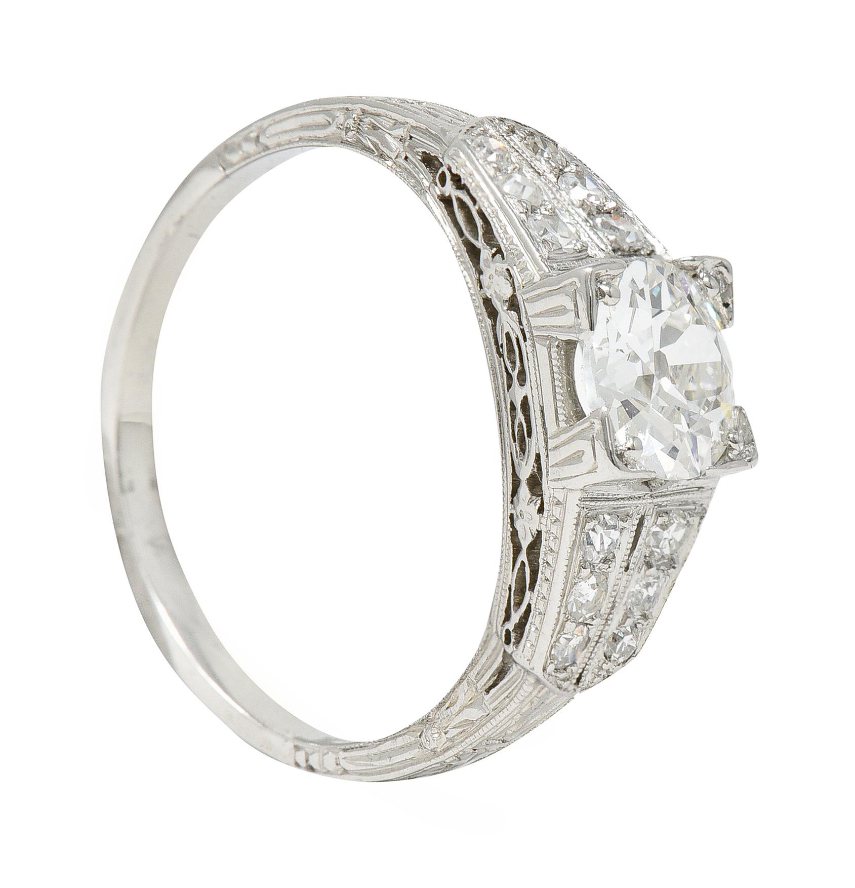 Art Deco 1.14 Carats Old European Diamond Platinum Foliate Engagement Ring GIA For Sale 7