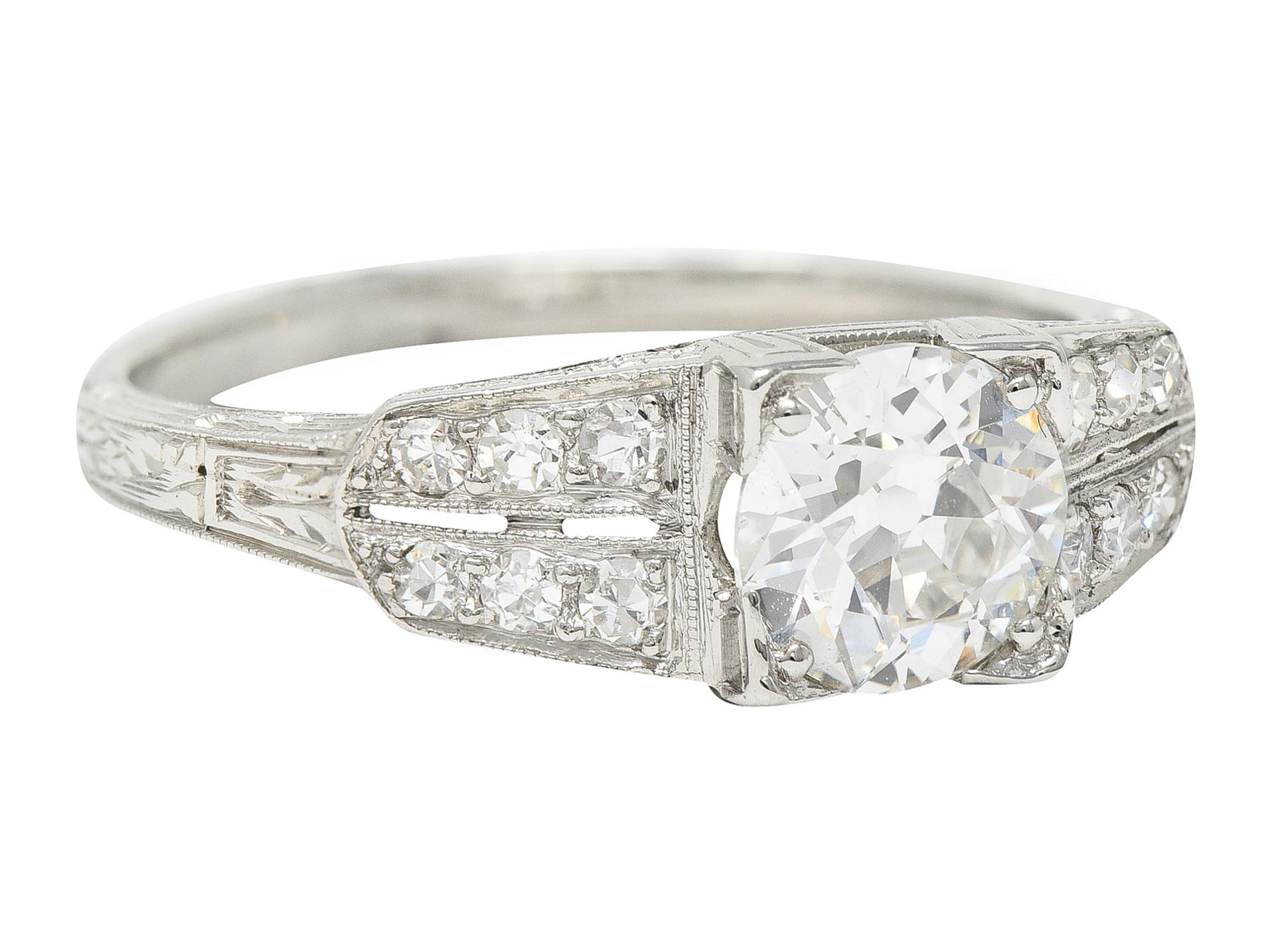 Old European Cut Art Deco 1.14 Carats Old European Diamond Platinum Foliate Engagement Ring GIA For Sale