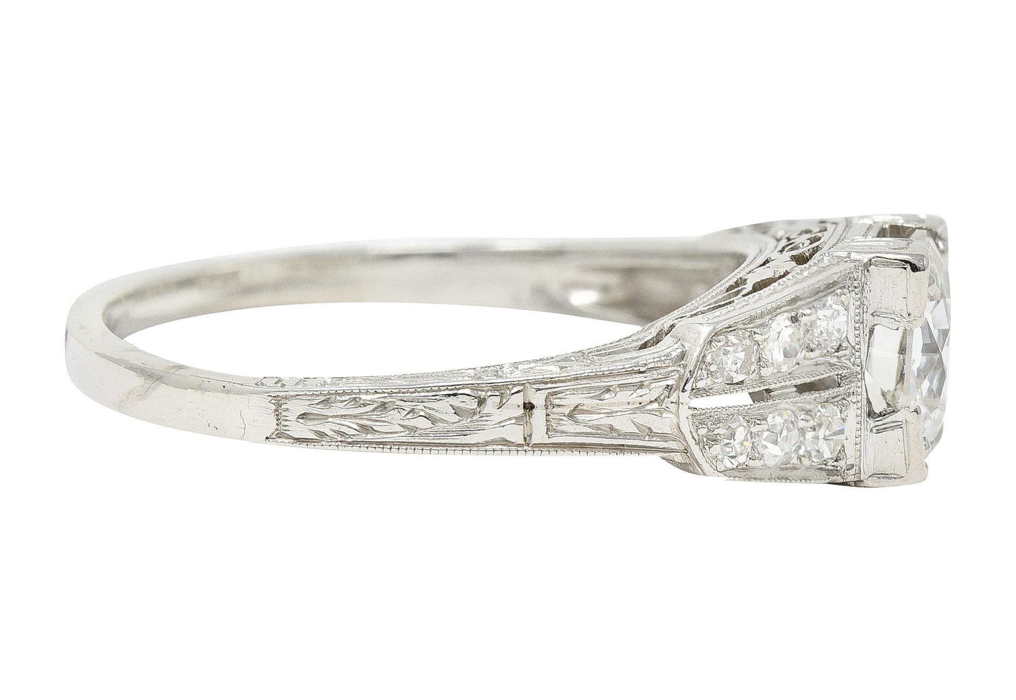 Art Deco 1.14 Carats Old European Diamond Platinum Foliate Engagement Ring GIA In Excellent Condition For Sale In Philadelphia, PA