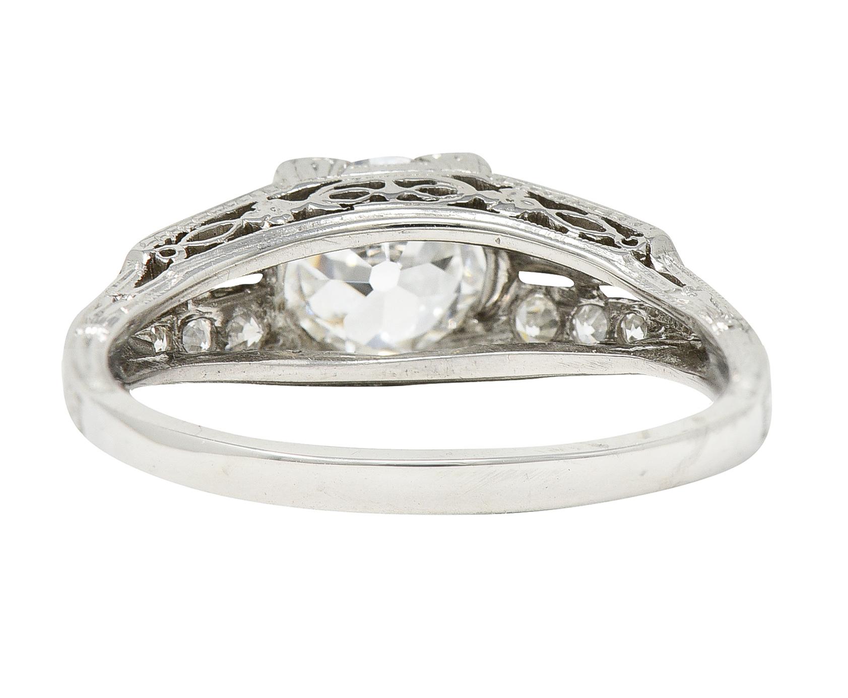 Women's or Men's Art Deco 1.14 Carats Old European Diamond Platinum Foliate Engagement Ring GIA For Sale