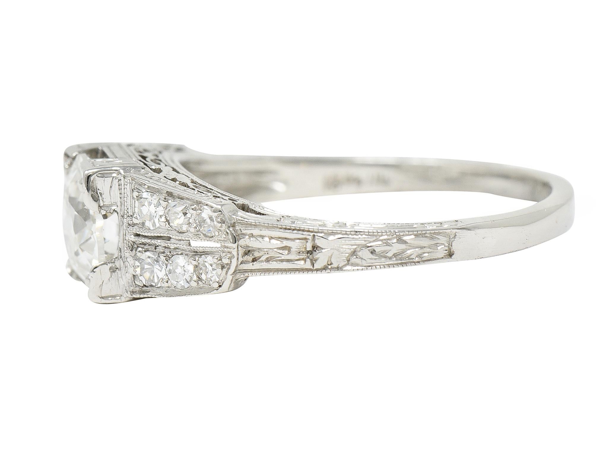 Art Deco 1.14 Carats Old European Diamond Platinum Foliate Engagement Ring GIA For Sale 1