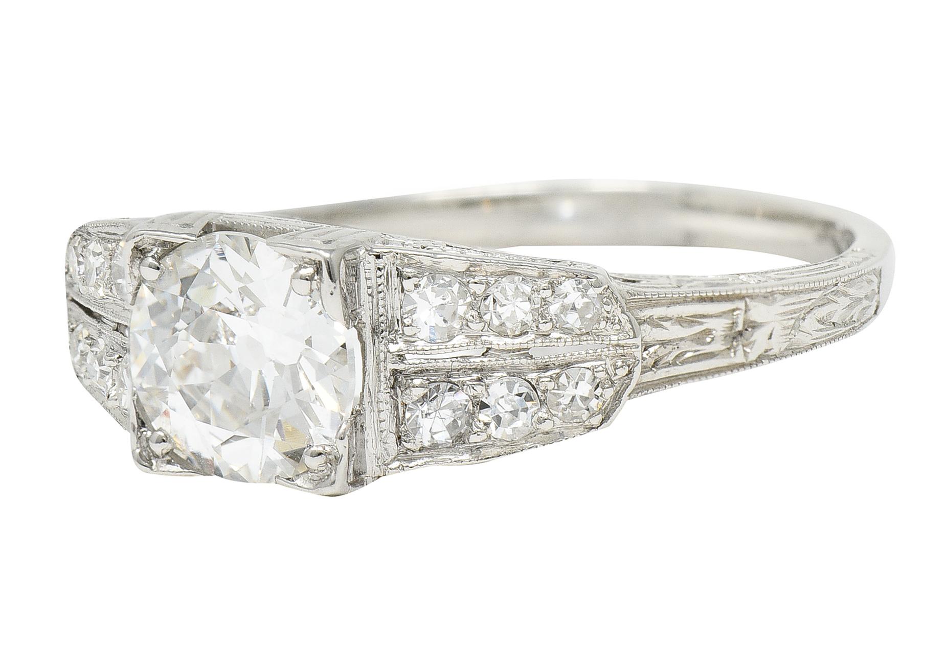 Art Deco 1.14 Carats Old European Diamond Platinum Foliate Engagement Ring GIA For Sale 2