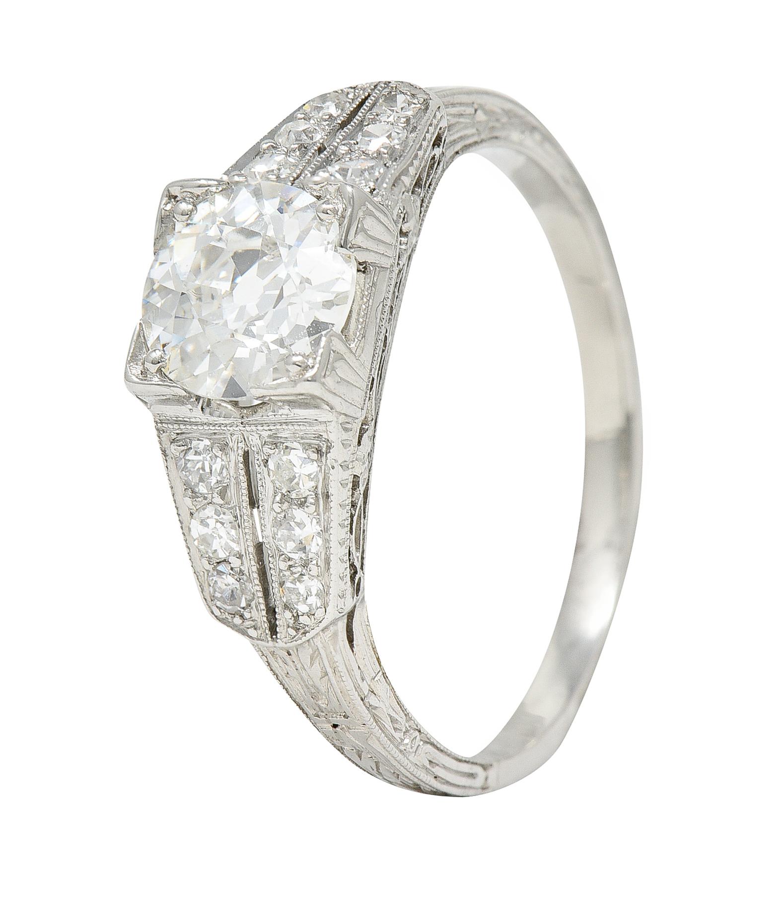 Art Deco 1.14 Carats Old European Diamond Platinum Foliate Engagement Ring GIA For Sale 4