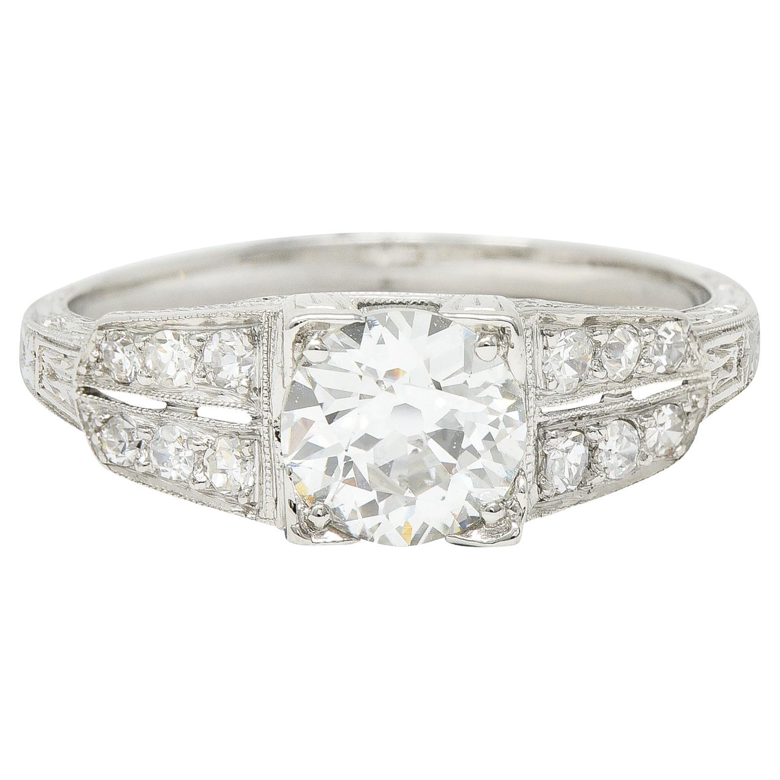 Art Deco 1.14 Carats Old European Diamond Platinum Foliate Engagement Ring GIA For Sale