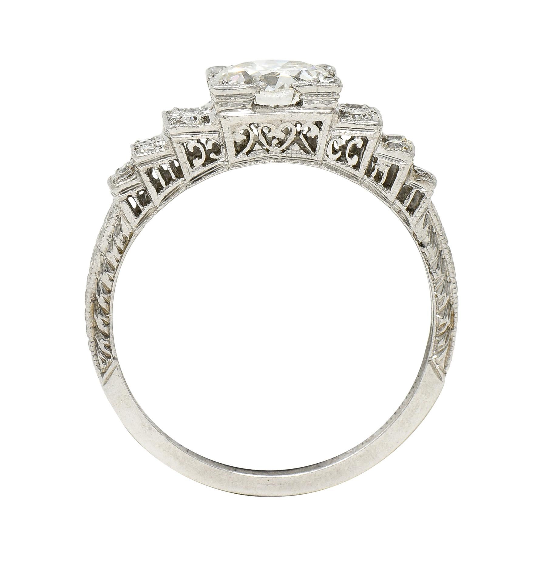 Art Deco 1.14 CTW Old European Cut Diamond Platinum Stepped Engagement Ring In Excellent Condition In Philadelphia, PA
