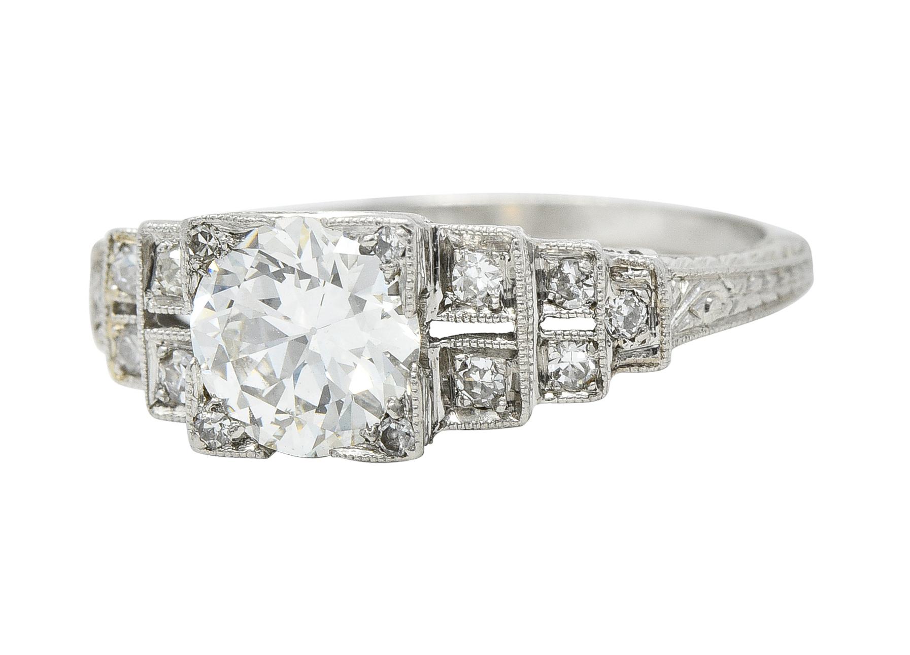 Art Deco 1.14 CTW Old European Cut Diamond Platinum Stepped Engagement Ring 1