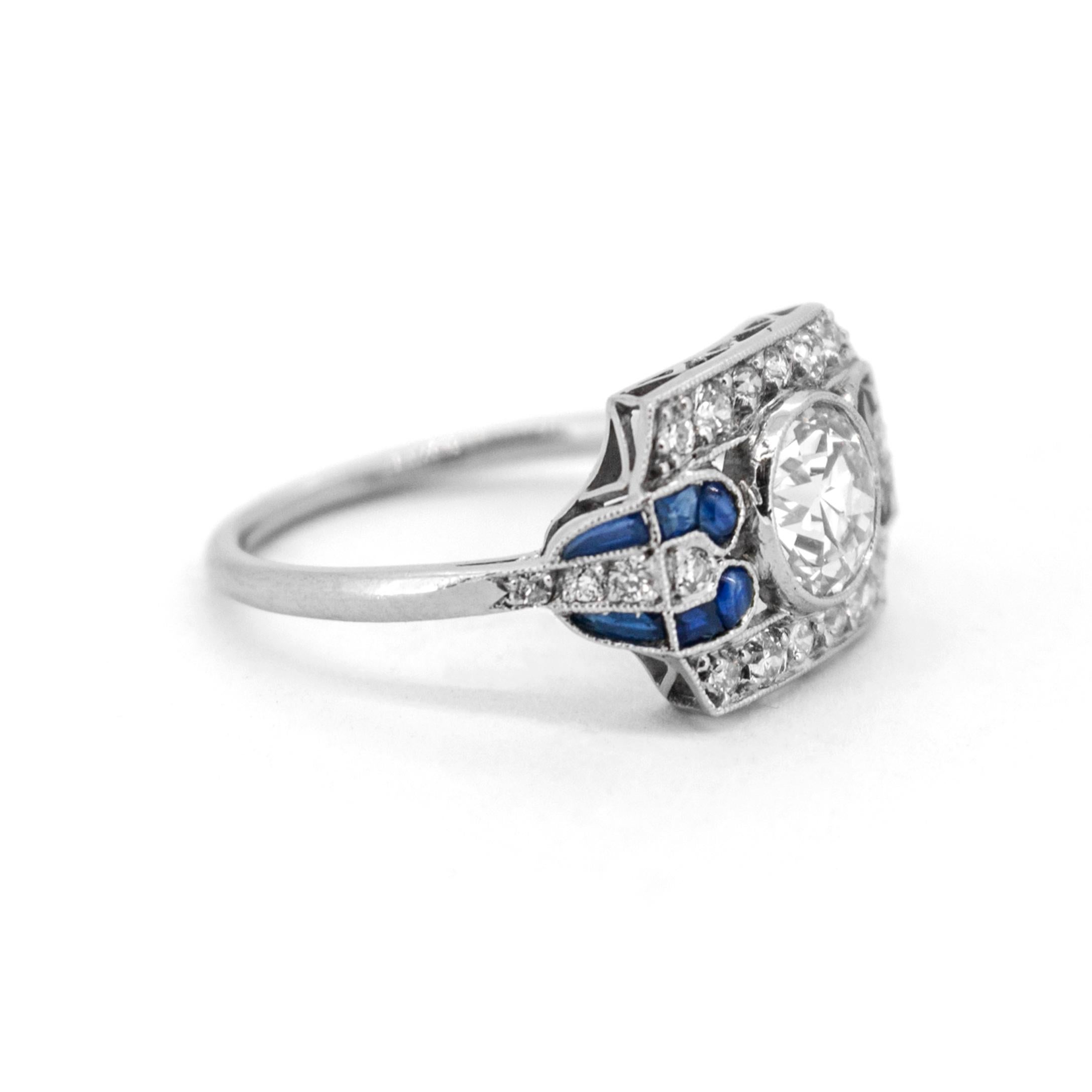 Art Deco 1.14ct Transitional Cut Diamond & Sapphire Henrietta Ring In Good Condition For Sale In London, GB