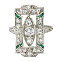 Art Deco 1.15 Carat Diamond Emerald Platinum Dinner Ring