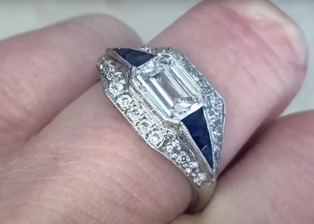 Art Deco 1.15 Carat Emerald-Cut Diamond Engagement Ring, i Color, Diamond Halo For Sale 2