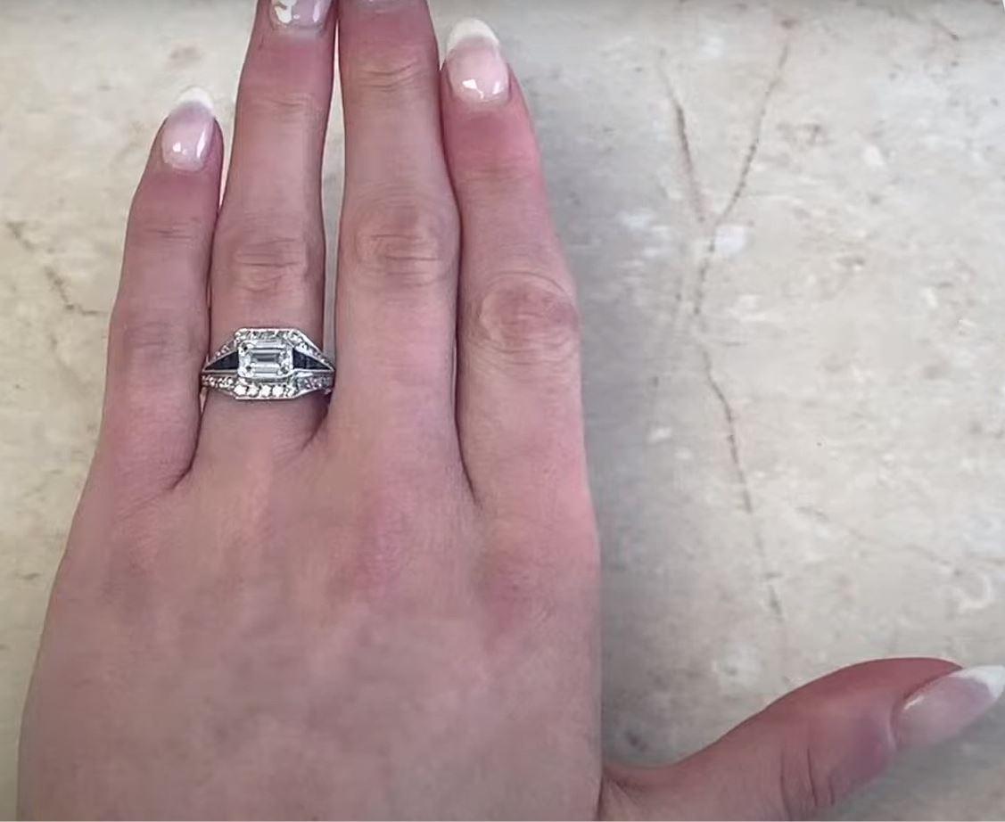 Art Deco 1.15 Carat Emerald-Cut Diamond Engagement Ring, i Color, Diamond Halo For Sale 4
