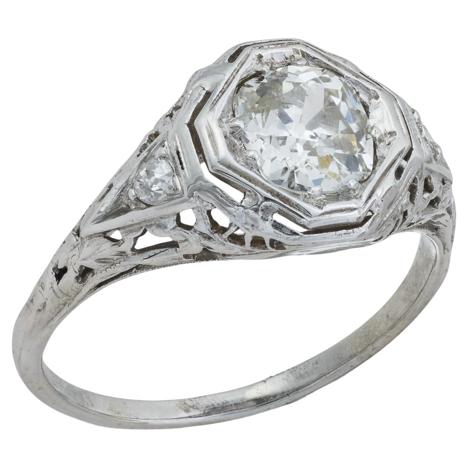 Bague de fiançailles Art déco 1,15 carat diamant taille ancienne 14k or blanc