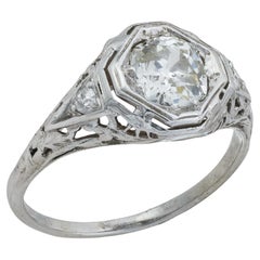 Art Deco 1.15 carat old mine cut diamond 14k white gold engagement ring