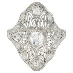 Art Deco 1.15 CTW Diamond Platinum Vintage Greek Key Navette Ring