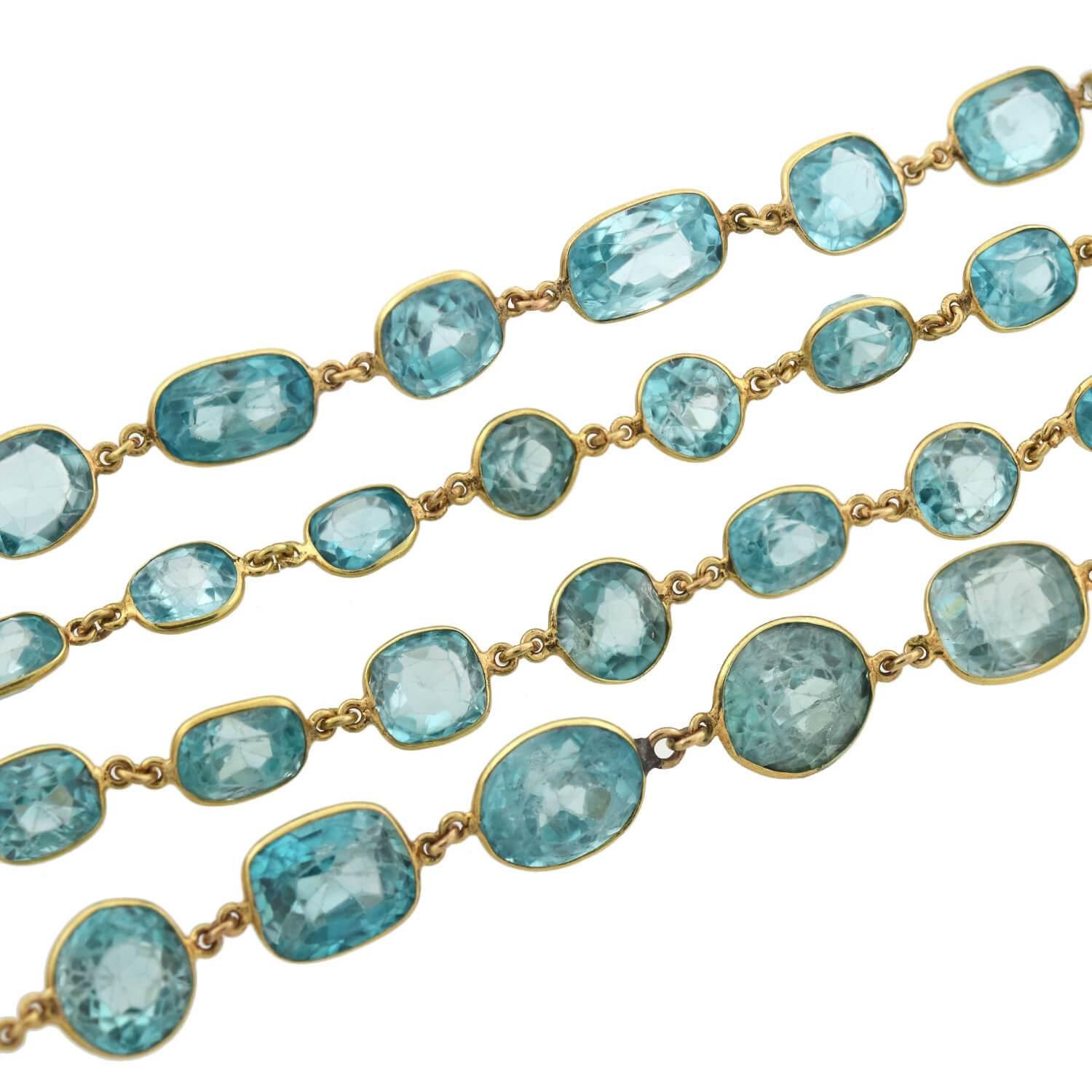 Art Deco 115.00 Total Carat Natural Blue Zircon Link Necklace In Good Condition For Sale In Narberth, PA