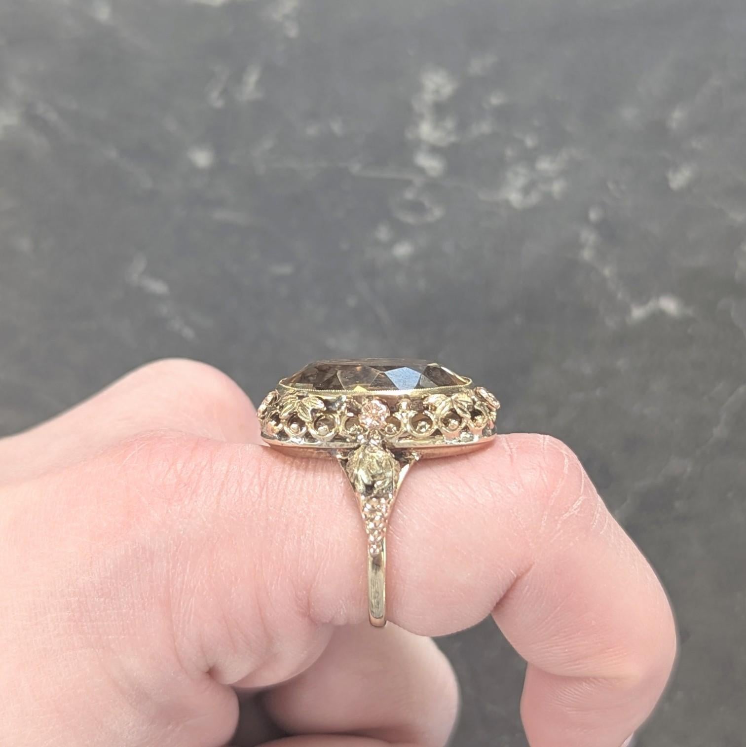 Art Decó 11,55 Citrino Oro Bicolor 14 Kilates Anillo Cóctel Vid Antigua en venta 5