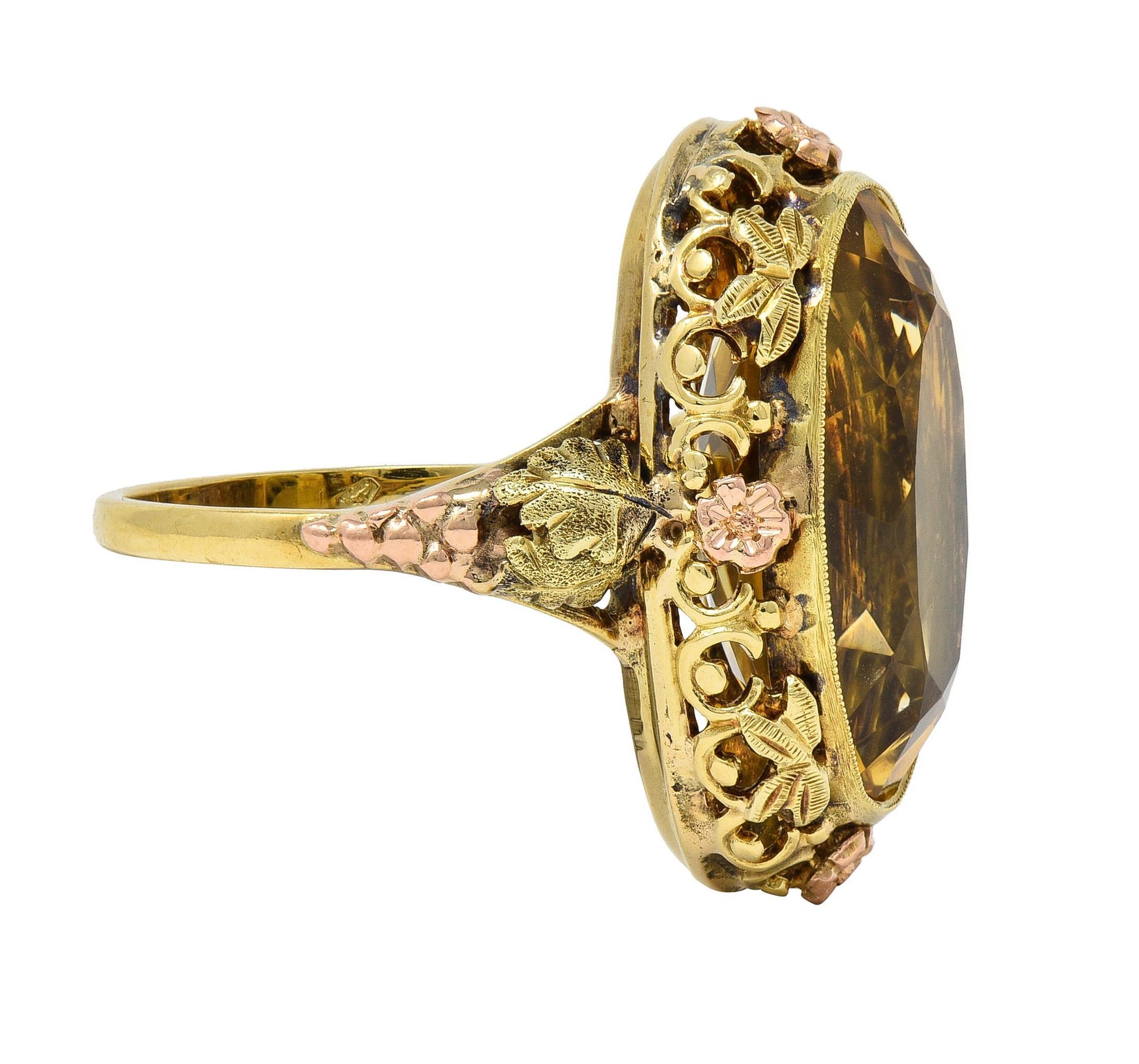 Art Decó 11,55 Citrino Oro Bicolor 14 Kilates Anillo Cóctel Vid Antigua Corte oval en venta