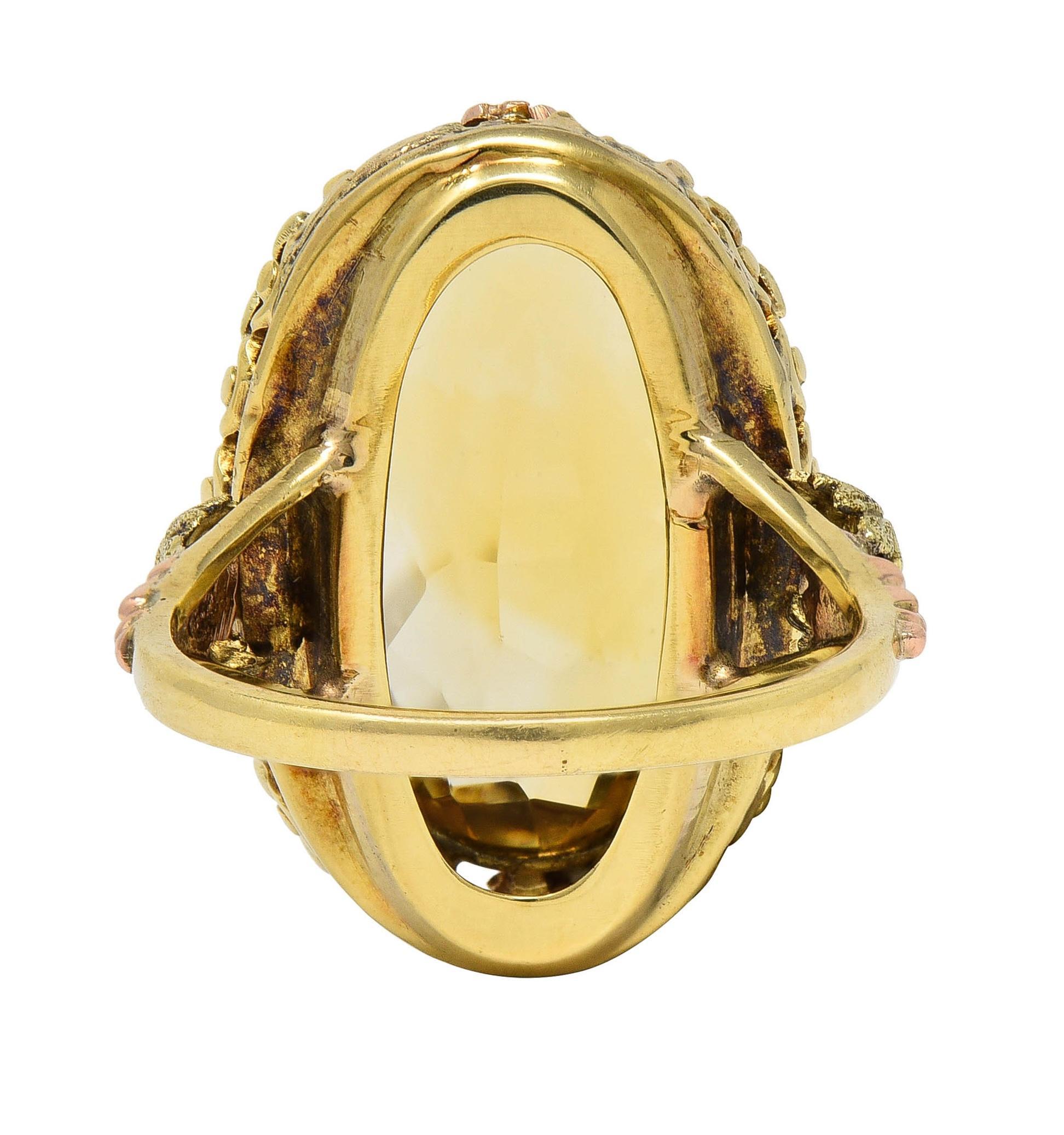 Art Decó 11,55 Citrino Oro Bicolor 14 Kilates Anillo Cóctel Vid Antigua en Excelente estado para la venta en Philadelphia, PA