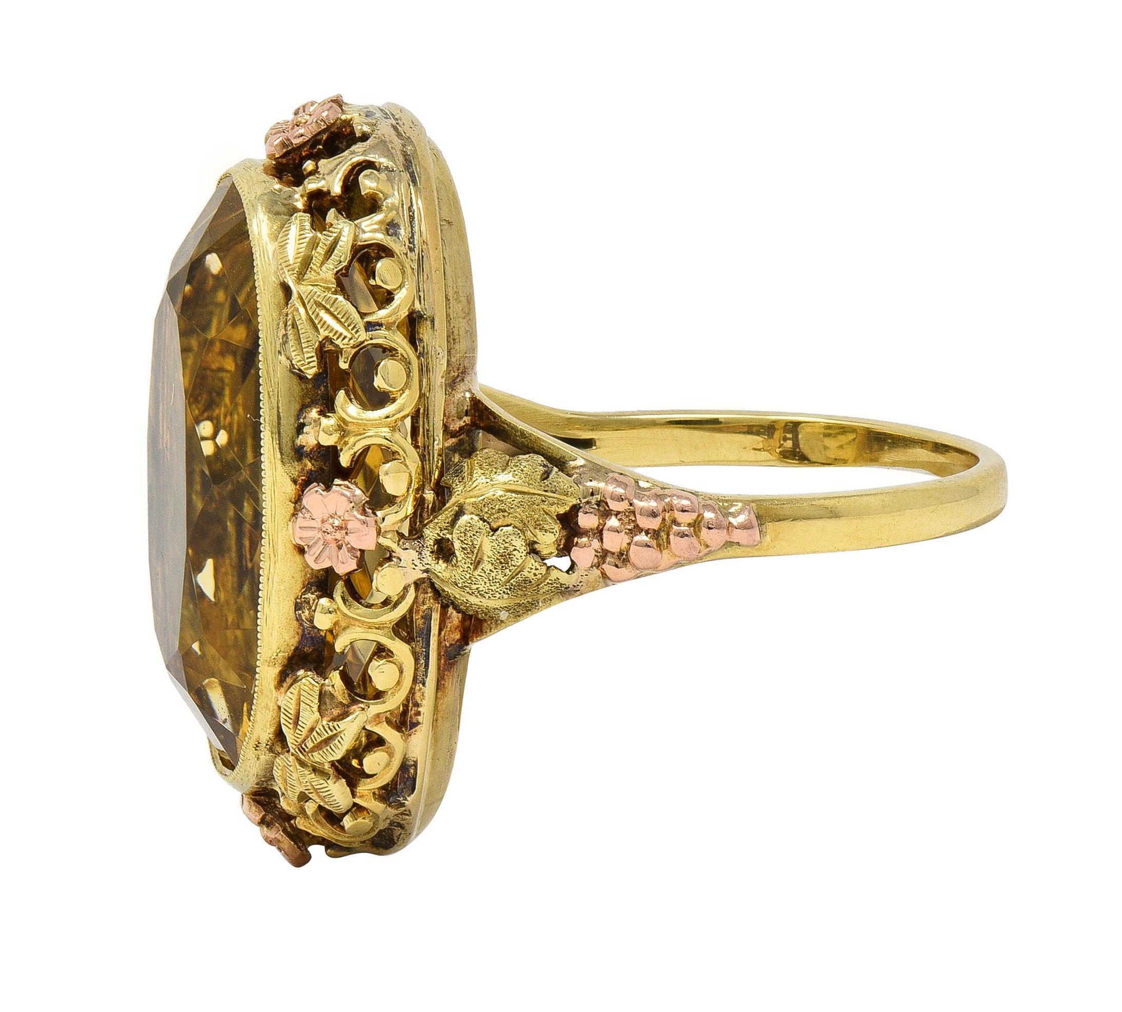 Femenino o masculino Art Decó 11,55 Citrino Oro Bicolor 14 Kilates Anillo Cóctel Vid Antigua en venta