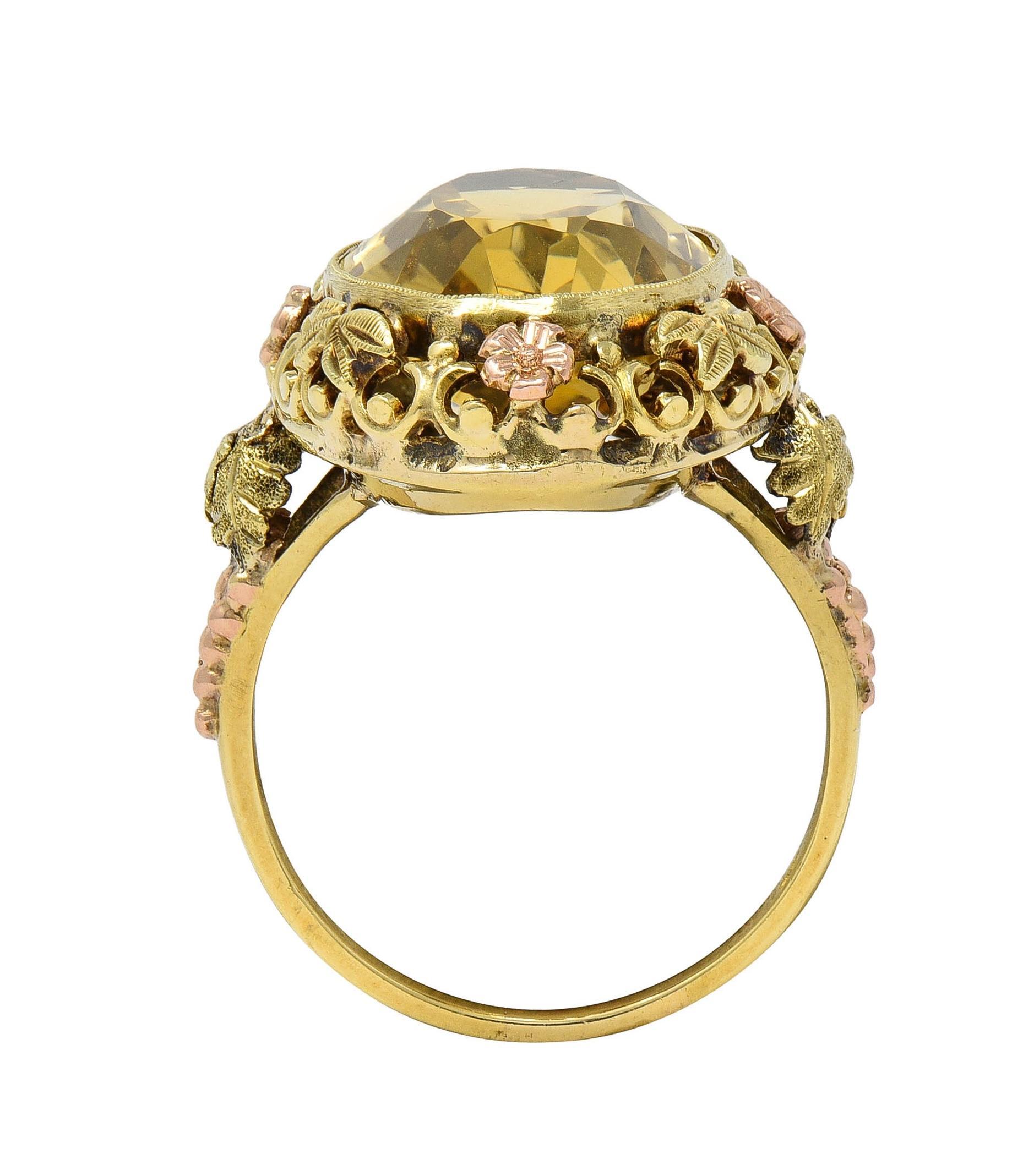 Art Decó 11,55 Citrino Oro Bicolor 14 Kilates Anillo Cóctel Vid Antigua en venta 2