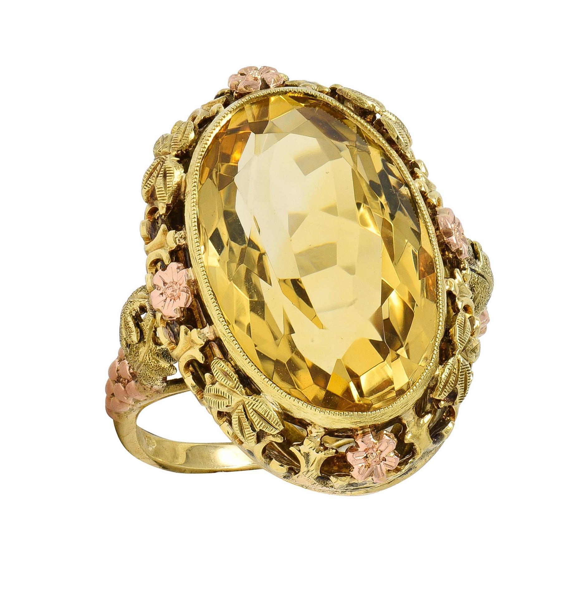 Art Decó 11,55 Citrino Oro Bicolor 14 Kilates Anillo Cóctel Vid Antigua en venta 3