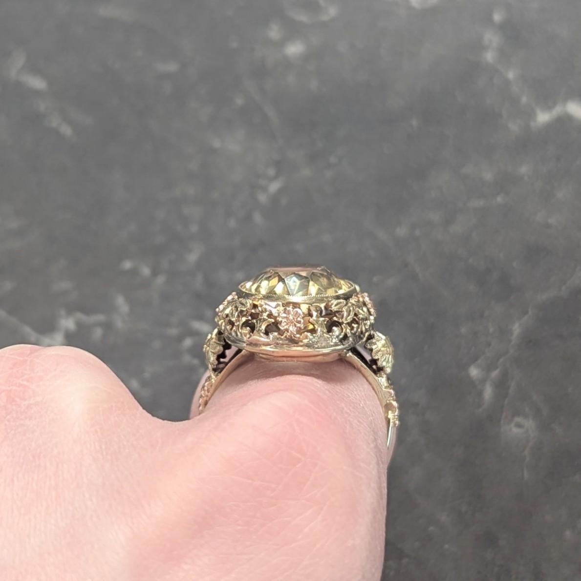 Art Decó 11,55 Citrino Oro Bicolor 14 Kilates Anillo Cóctel Vid Antigua en venta 4