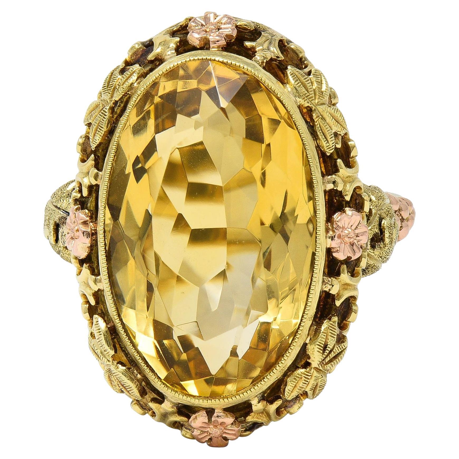 Bague cocktail Art déco en or bicolore 14 carats avec vigne ancienne et citrine 11,55