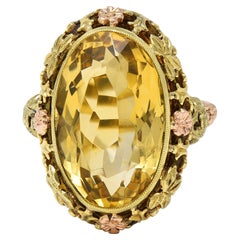 Bague cocktail Art déco en or bicolore 14 carats avec vigne ancienne et citrine 11,55