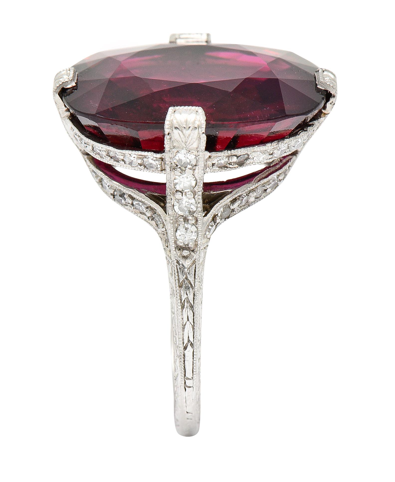 Art Deco 11.56 Carats Rubellite Tourmaline Diamond Platinum Gemstone Ring 5