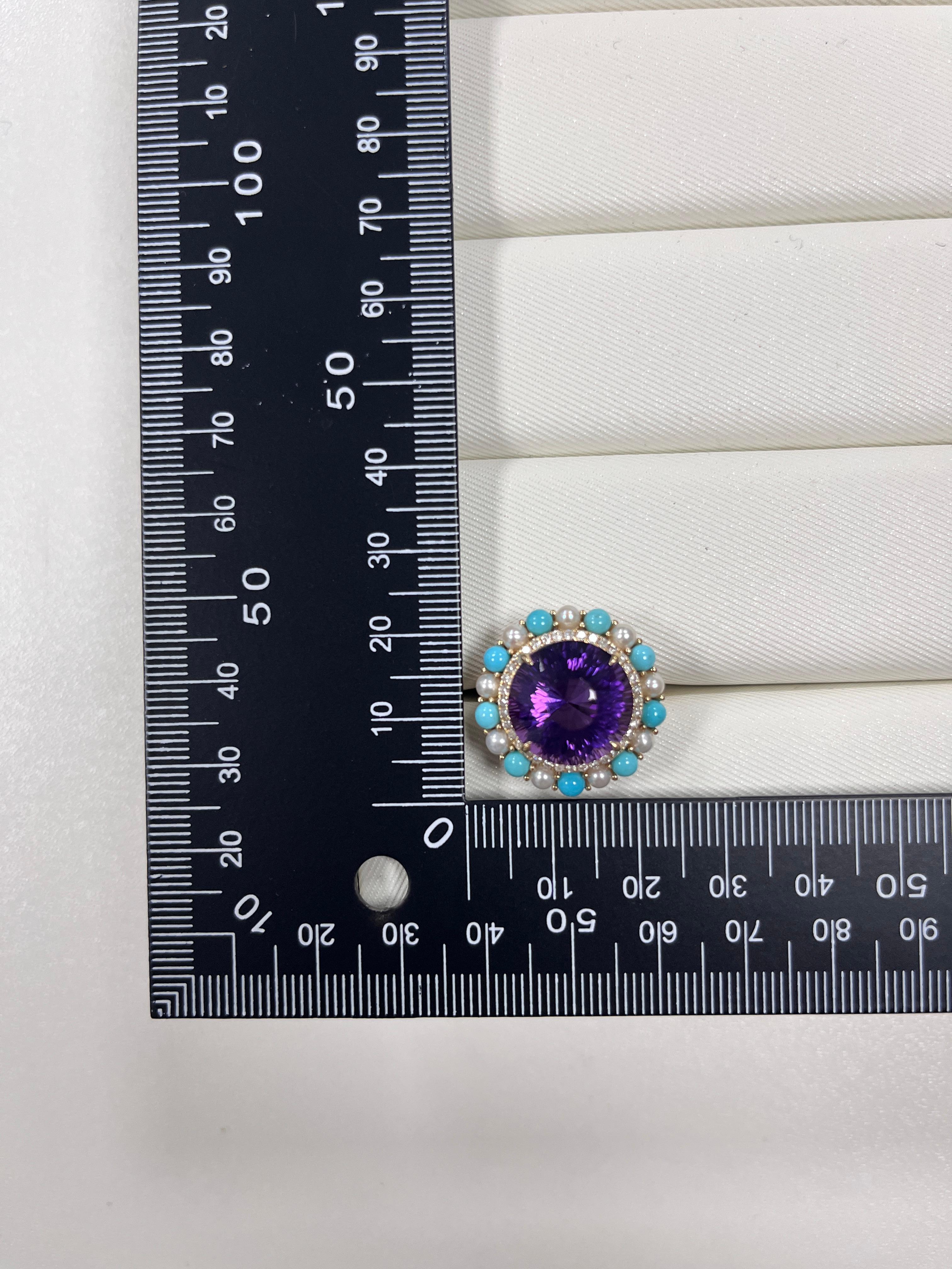 This breathtaking ring showcases a dazzling interplay of vibrant colors and luxurious materials, crafted in 14-karat yellow gold. At the heart of the design lies a captivating 11.56-carat amethyst, its rich purple hue radiating sophistication and