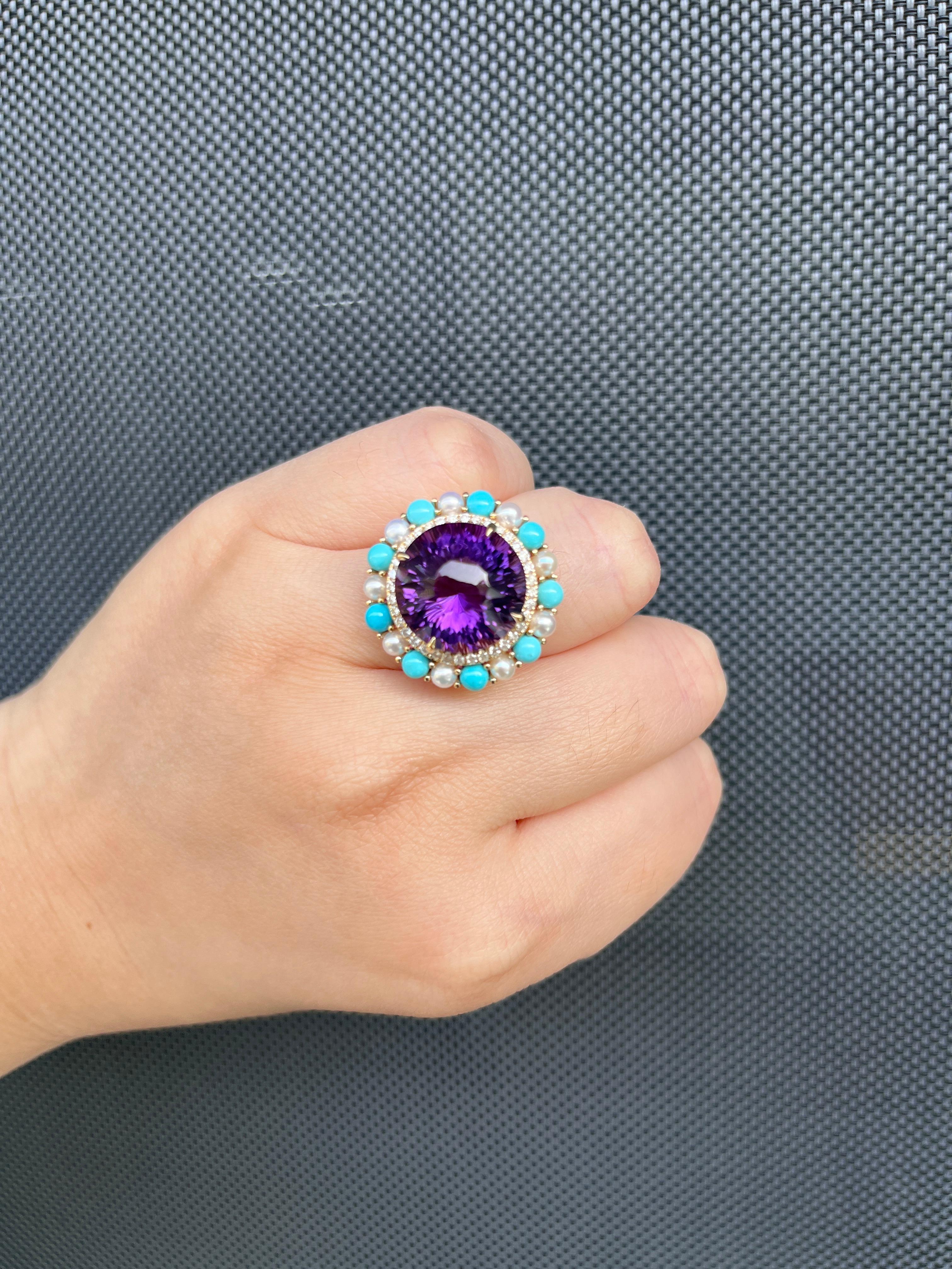 Brilliant Cut Art Deco 11.56Ct Amethyst Sleeping Beauty Turquoise Diamond Ring in 14K Gold For Sale