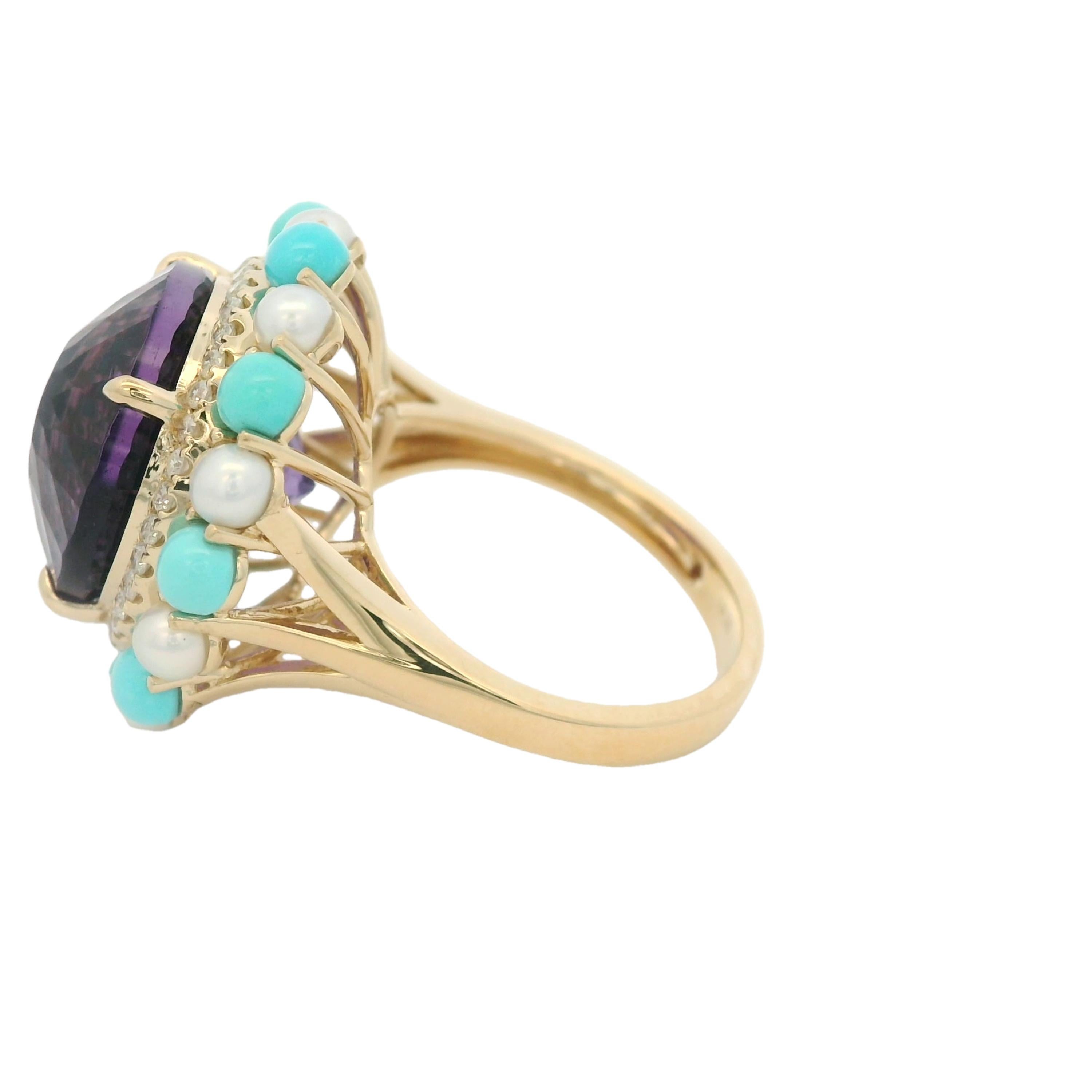 Art Deco 11.56Ct Amethyst Sleeping Beauty Turquoise Diamond Ring in 14K Gold In New Condition For Sale In Hong Kong, HK