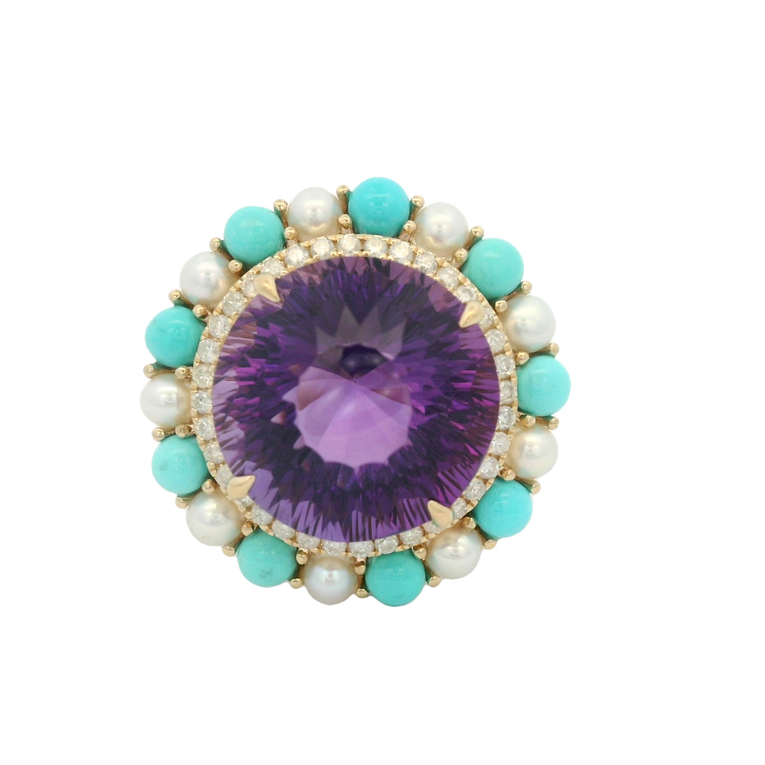 Women's Art Deco 11.56Ct Amethyst Sleeping Beauty Turquoise Diamond Ring in 14K Gold For Sale