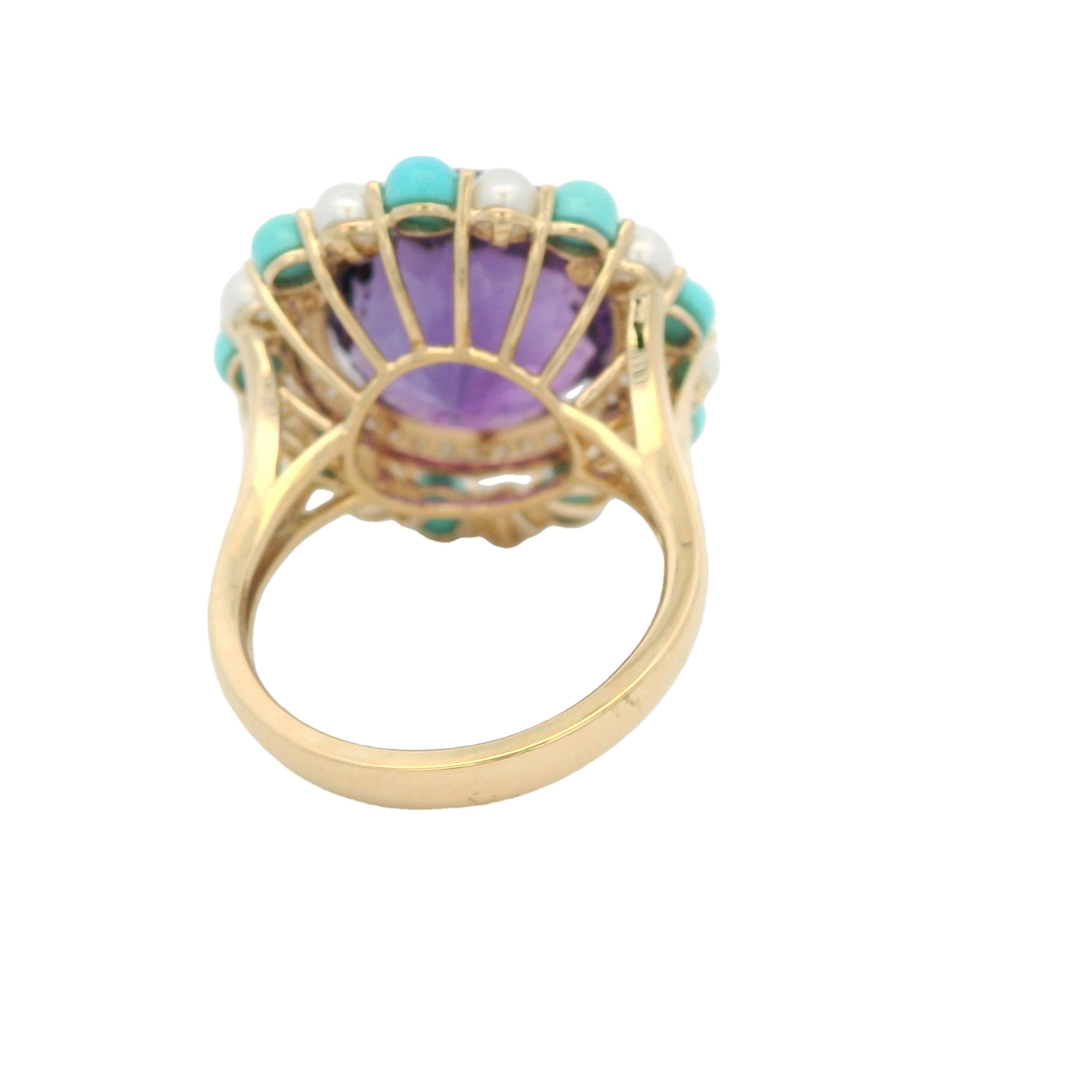 Art Deco 11.56Ct Amethyst Sleeping Beauty Turquoise Diamond Ring in 14K Gold For Sale 1
